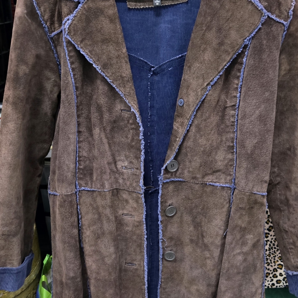 Brown Suede Coat with Blue Stitching